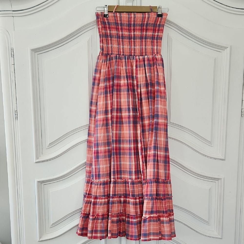 Jacqui E Strapless Smocked Maxi Dress Pink Red